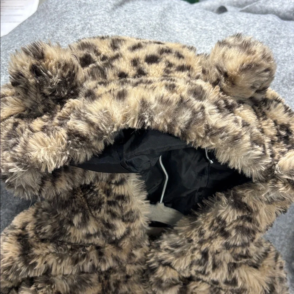 Cat & Jack faux fir cheetah leopard hooded full zip up lined jacket coat S